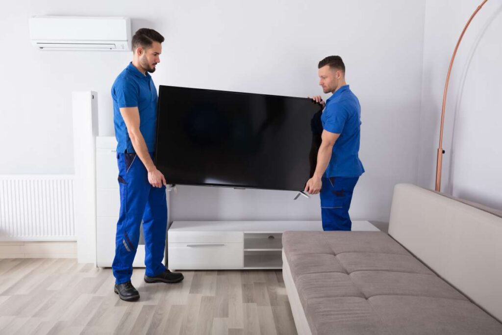 Professional movers in Orange County carrying TV